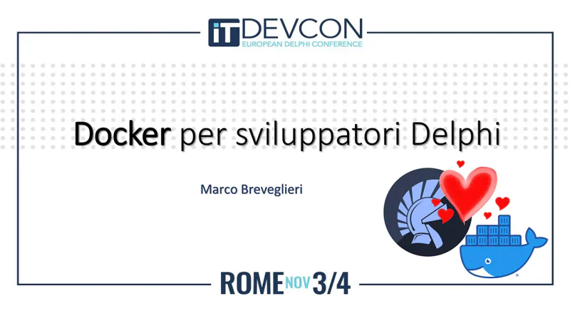 Locandina dell'evento Docker per sviluppatori Delphi