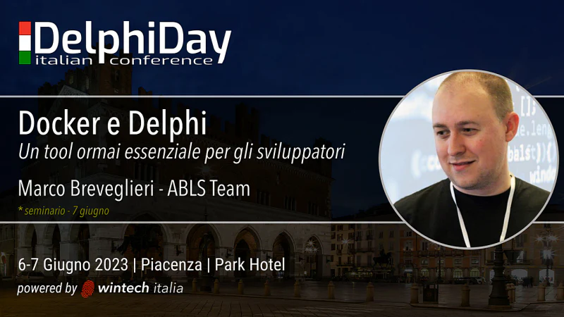 Locandina dell'evento Docker, un tool essenziale per gli sviluppatori Delphi